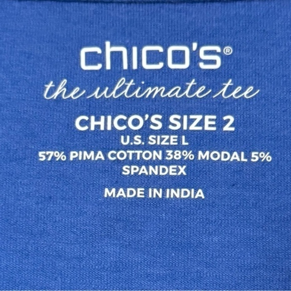 Chico's Ultimate Tee V-neck 3/4 Sleeve Pima Cotton Blue Tunic Sz Lrg - Picture 5 of 6